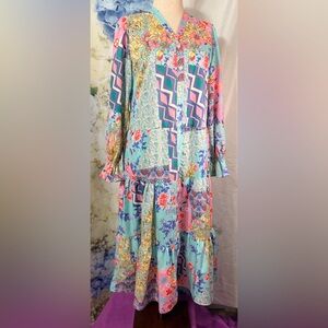 Sunday Up Colorful Blues Pinks Geometric Long Sleeve maxi Dress v neck button Up